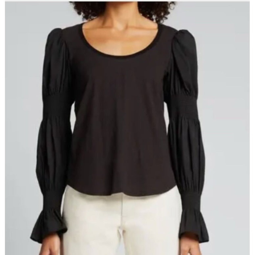 Cinq A Sept Libby Blouse Women Sz XS Black Tiered Puff-Sleeve‎ Top